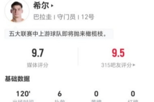 巴拉圭守门员希尔此役6次扑救，长传成功43次，造犯规3次，全场最高得分9.7分