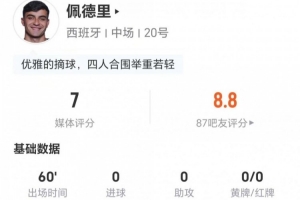 佩德里此役射门数为0，贡献1次关键传球，对抗成功率为9对7，抢断3次，造犯规3次，得分7分
