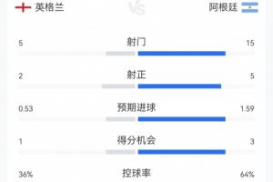 阿根廷2-1英格兰全场数据解析：阿根廷全面占据优势，射门15次射中5球；控球率超过60%