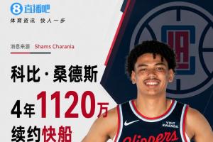 Shams:科比·桑德斯与快船续约4年,总价值1120万美元,场均出场19.9分钟贡献7.3分